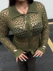 POPSWAY Duży damski dzianinowy kardigan w stylu boho, swobodny na wiosnę/lato/jesień, odpowiedni na wakacyjne wyjścia - Wojskowa Zieleń - Zobacz 7