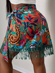 SHEIN PETITE CURVE Plus Size Women Holiday Paisley Print Patchwork Fringed Hem Wrap Around Skirt For Summer, Summer Outfits For Women, Beach Vacation Outfits, Suitable For People Of Shorter Stature - Multicolor - View 2
