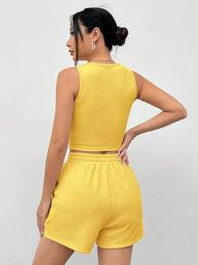 SHEIN EZwear 浅黄色针织无袖女式背心套装 - 鵝黃色 - 查看 2