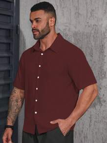 Manfinity Homme Camisa de manga corta informal/de negocios de unicolor y con solapa única para hombres de talla grande - Burdeos - Ver 3