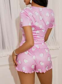 SHEIN 女士心形荷叶边短袖上衣和短裤睡衣套装 - 彩色 - 查看 2