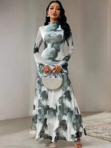 Veilorie 女士优雅扎染印花立领连衣裙 - 彩色 - 查看 4