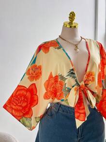 Ceyna Camisa elegante de vacaciones con detalles retorcidos florales para tallas grandes