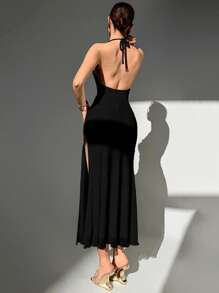 Aloruh Vestido preto de malha com decote em V profundo, fenda alta e alça de pescoço floral 3D feito à mão, ajustado, formal, para temporada de casamentos, looks de clube, mulheres sexy - Preto - Visão 5