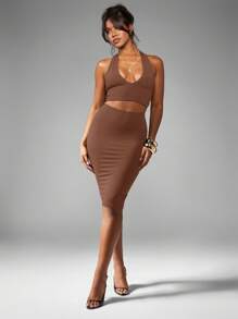MISSGUIDED Fitted Pencil Skirt Knee Length Office Elegant Professional Workwear Evening Midi Skirt - Mocha Brown - View 5