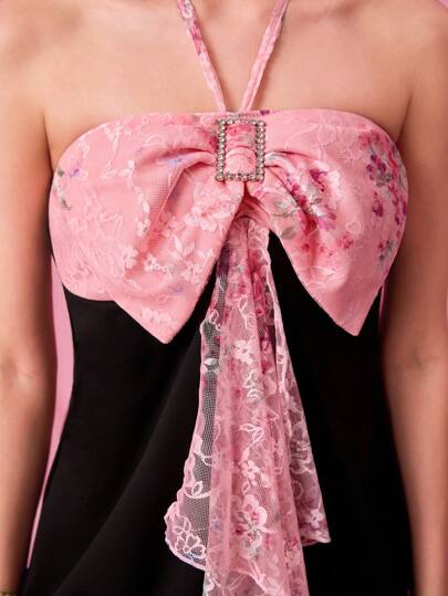 J-Fashion Robe mini moulante à manches courtes avec patchwork d'imprimé papillon et de dentelle, style Y2K, pour femmes