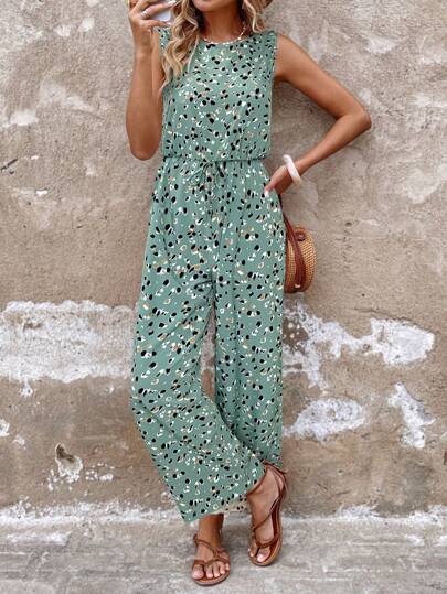 SHEIN LUNE Women's Summer Vacation Style Allover Print Knotted Waist Loose Wide Leg Jumpsuit