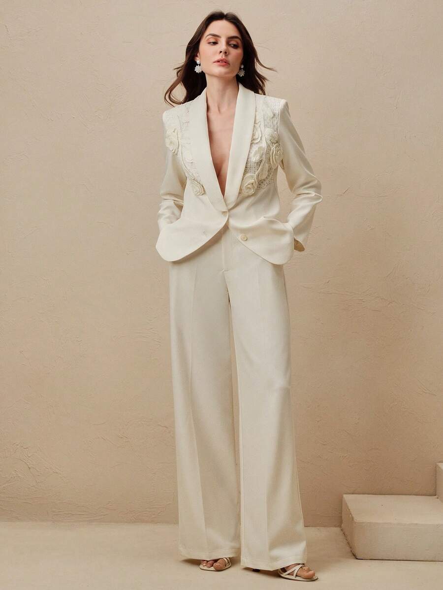 Anewsta 时尚优雅针织 3D 花朵图案女式西装裤和西装外套套装，适合办公室和休闲穿着