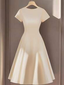 Franclia Women's Elegant Round Neck Short Sleeve Solid Color White Long Knit Dress