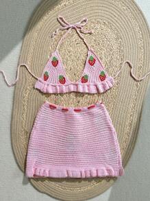 Swim Mod 2 件套女士草莓印花露背系带比基尼上衣和裙子套装（含罩衫）