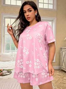 CottageSlumber Floral Print Round Neck Short Sleeve Top & Shorts Pajama Set, Plus Size, Outfits - Baby Pink - View 5