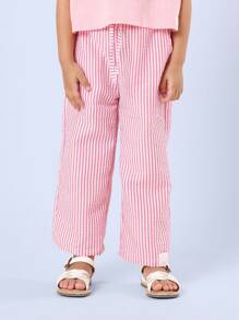 SUMWON Sunshine Happy Days Summer Co-Ord Set Seersucker Stripe Trouser Wide Leg Cropped T-Shirt Casual Holiday Beach Wear - Coral Pink - View 4