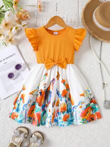 女童罗纹拼接花卉图案针织连衣裙，荷叶边袖，蝴蝶结装饰，圆领，适合户外运动、休闲外出、旅行，适合4-7岁女童 - 橘色 - 查看 1