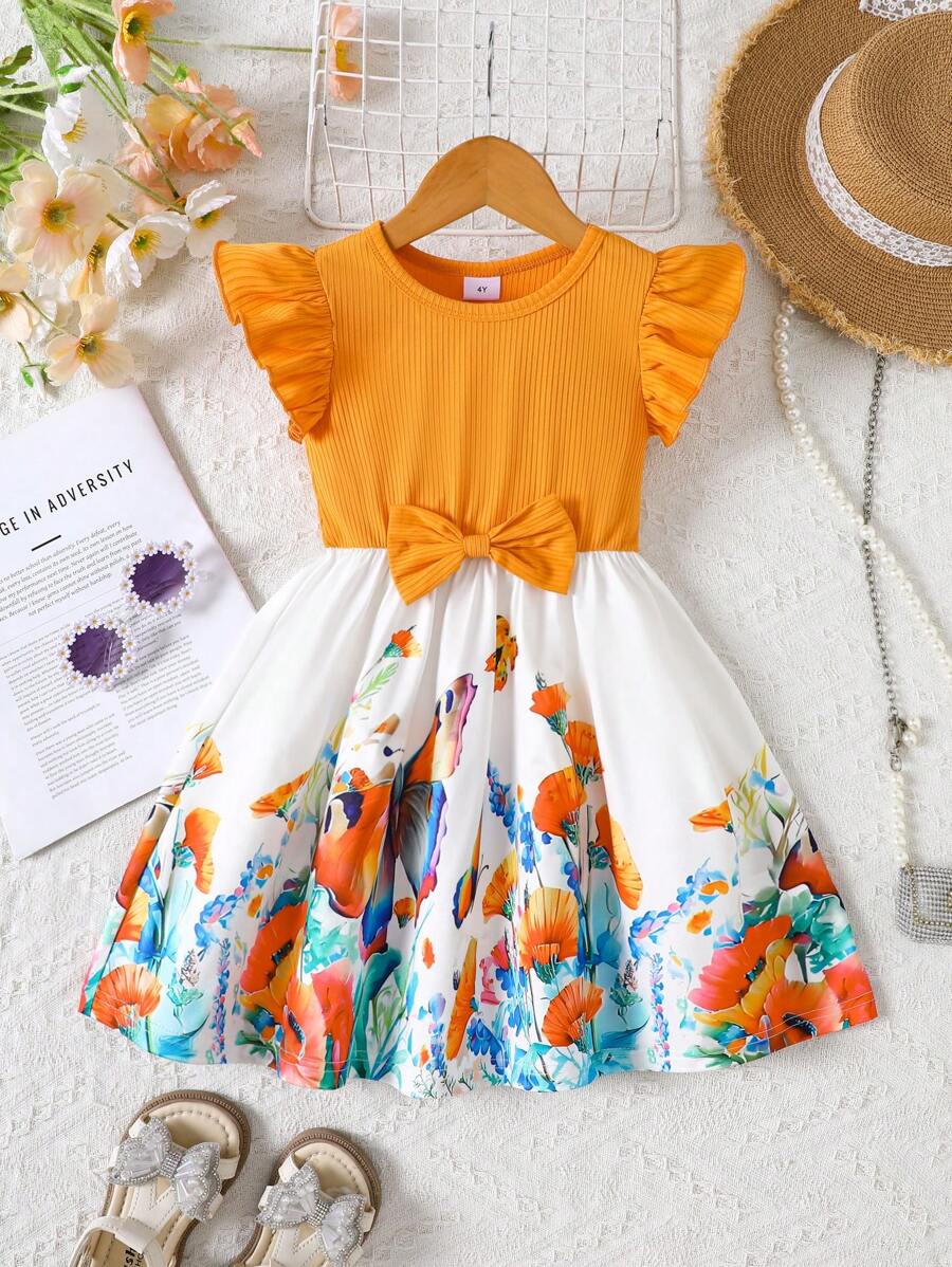 女童罗纹拼接花卉图案针织连衣裙，荷叶边袖，蝴蝶结装饰，圆领，适合户外运动、休闲外出、旅行，适合4-7岁女童 - 橘色 - 查看 1