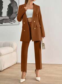 EURMUSE Women's Solid Color Mottled Lapel Long Sleeve Jacket And Pants Elegant Suit Set - Chocolate Brown - View 5