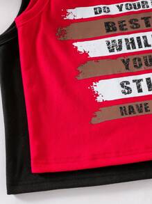 2pcs Tween Girl Fashion Knit Sleeveless Tank Top Set,Red And Black,Soft Stretchy Fabric,Front Letter Print,Stylish Fit For Summer,Casual,Vacation - Black - View 6
