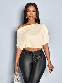 SOLERSUN Camiseta de mujer con cuello asimétrico sólido y hombros fruncidos - Albaricoque - Ver 5