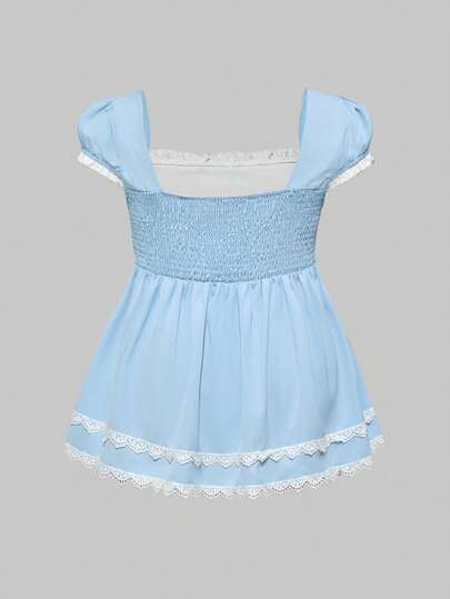 Kawaii Elegant Bow Decor Square Neck Peplum Blouse