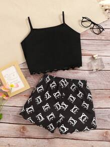 SHEIN Tween Girls Cute Cat Pattern Cami Top And Shorts 2pcs Pajama Set - Black - View 2