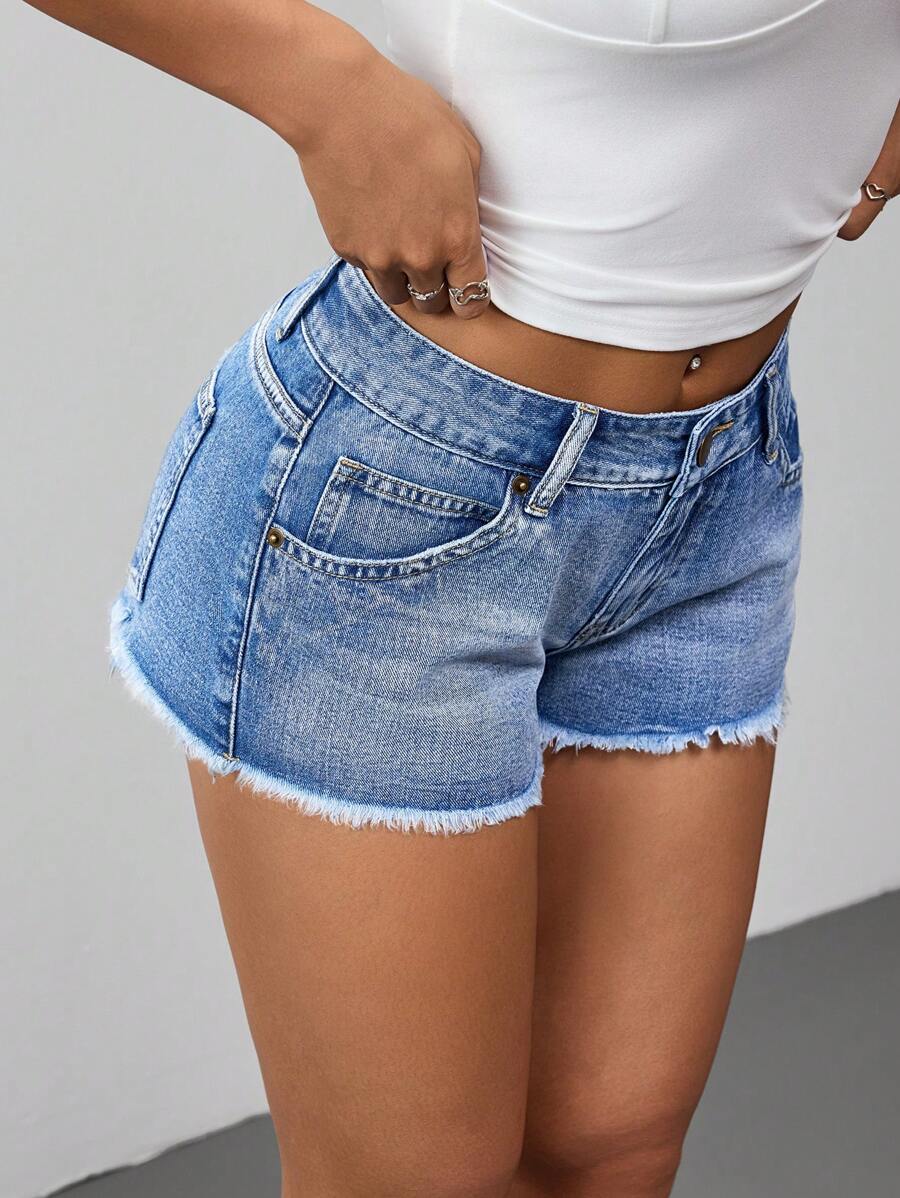 SHEIN ICON Shorts vaqueros de mujer con botones y bordes deshilachados, de estilo casual y veraniego