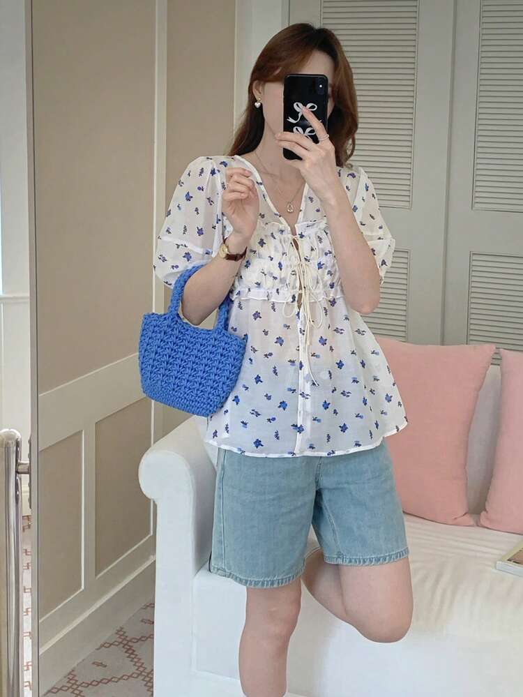 Women's V-Neck Floral Print Tie Front Short Sleeve Shirt, Summer