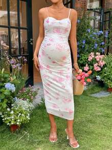 SHEIN 孕妇优雅花卉印花无袖紧身连衣裙 - 粉色 - 查看 3