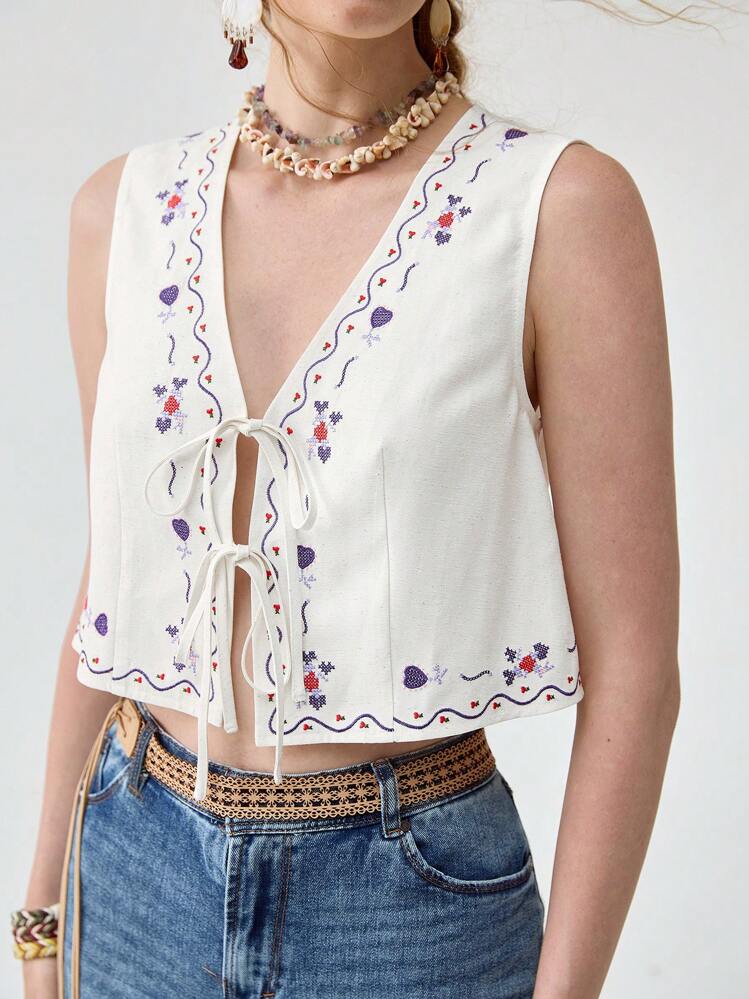 Florisole Women Tie Front Bow V-Neck Casual Embroidered Blouse - Apricot - View 2