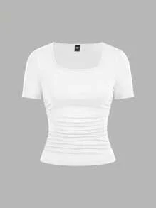 SHEIN EZwear 4件套休闲简约纯色方领短袖T恤女上衣，黑色、粉色、灰色、白色，适合春夏季