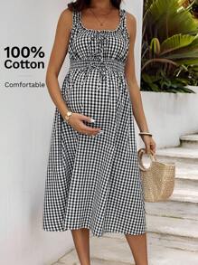 SHEIN 孕妇格子方领荷叶边下摆无袖腰部收褶夏季连衣裙