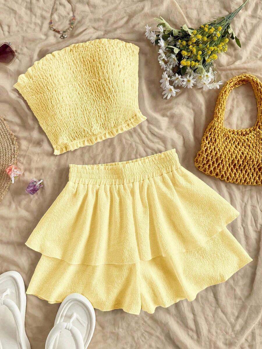 Soleia 2pcs/Set Women Solid Color Ruffle Bust Tight Top And Layered Hem Mid-Length Skirt Set Yellow Two Piece Set Summer Two Piece Set Yellow Skirt Set Butter Yellow Two Piece Set Summer Co Ord Set Summer Skirt Set - Mustard Yellow - View 1