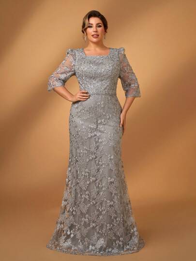 Serin 加大码优雅浪漫重彩海军蓝串珠水钻中袖蕾丝面料美人鱼风格礼服，适合舞会、宴会、新娘母亲礼服