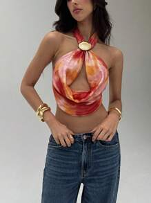 Aloruh 女士性感优雅交叉低胸镂空扎染印花露背衬衫