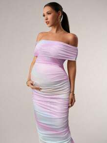 MaterniChic Off Shoulder Fitted Ombre Ruched Maternity Summer Dress - Pink - View 3