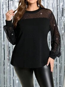 Gownix Plus Size Women Fashion Rhinestone Mesh Contrast Top, Autumn