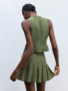 Maija 2件套女士单排扣背心和百褶迷你裙套装，夏季 - 軍綠色 - 查看 2