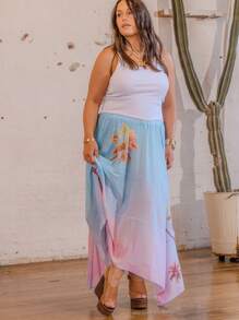 Aralina Plus Size Curve Printed Gradient Flowing Spliced Asymmetrical Hem Vacation Women Maxi Skirt - Multicolor - View 3