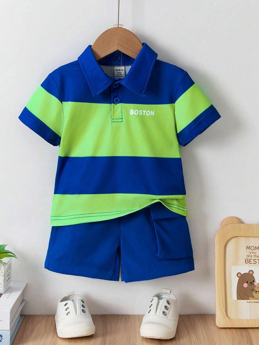 2pcs/Set Toddler Boys Blue Summer Casual Beach Clothes,Letter Print Color Block Striped Short Sleeve Polo Shirt And Cargo Shorts Set,Infant 6M-3T - Multicolor - View 1