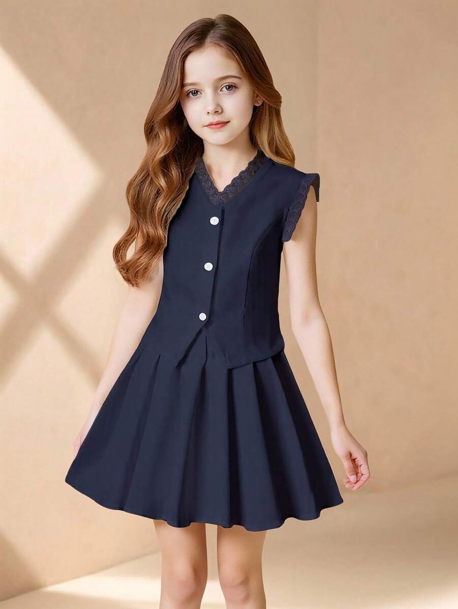 Girls Elegant Fashion Simple V-Neck Sleeveless Ruffled Collar Fitted White Shirt And High Waisted White Pleated Mini Skirt Set Fall Winter