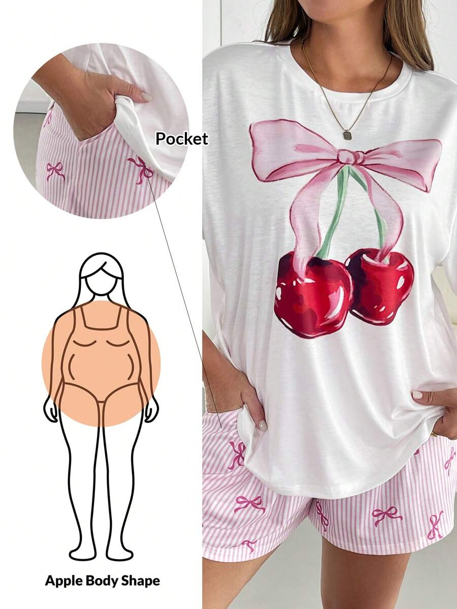 SHEIN Essnce Plsize女装夏季短袖套装粉色可爱套装活力套装夏季居家宽松舒适套装樱花印花T恤夏季粉色图案两件套图形T恤