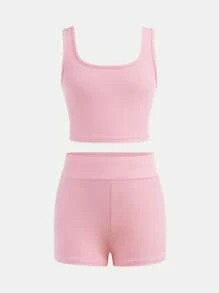 2pcs/Set Tween Girl Slim Fit Casual Round Neck Tank Top And Cycling Shorts Outfit - Baby Blue - View 13