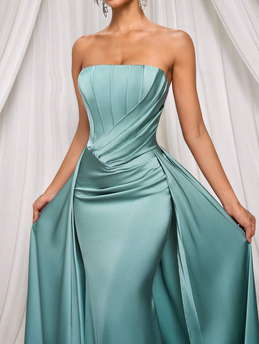 Glamrae Elegant Sage Green Satin Bustier Dress With Ruched Waist, Fish Tail Design Maxi Dress With Adjustable Lace-Up Back, Suitable For Date, Vacation, Party, Wedding, Formal Occasion, Gown, For Evening, Wedding Guest,Birthday Dress,Graduation,Teacher Outfits For Women,Teacher Dress - Mint Green - View 1