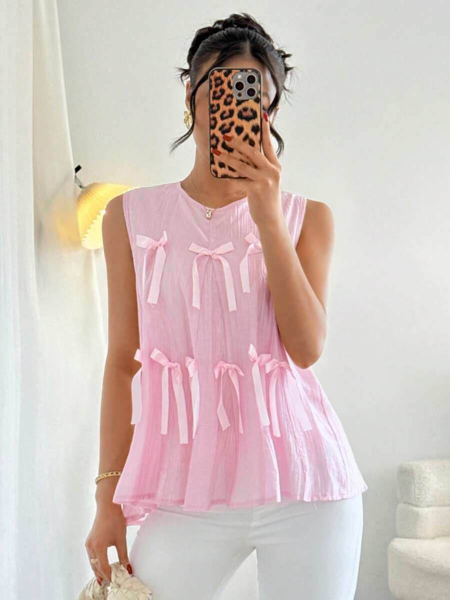 Chiquease Spliced Bow Sweet And Cute Age-Reducing Ladies' Shirts Cute Summer Tops Ladies Short Pink Tops - Pink - View 1