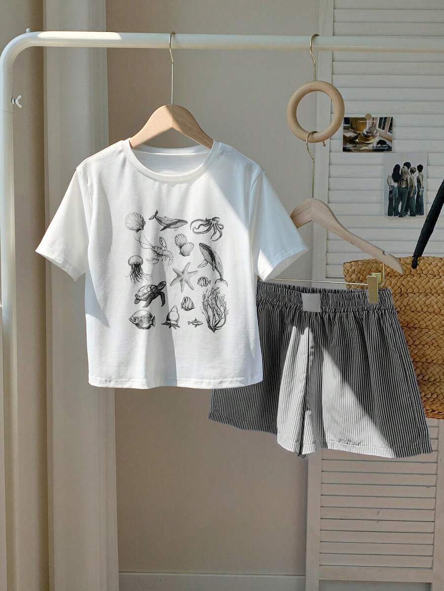 Comfortcana 女式黑白海星印花圆领短袖T恤和条纹短裤休闲套装 - 黑與白 - 查看 1