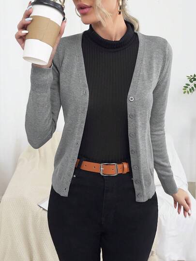 SHEIN LUNE 女式纯色长袖单排扣休闲针织开衫，秋冬