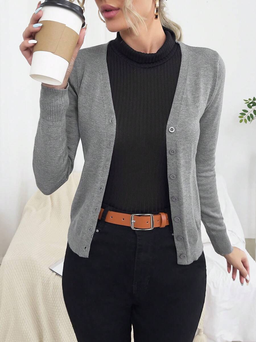 SHEIN LUNE 女式纯色长袖单排扣休闲针织开衫，秋冬 - 灰色 - 查看 1