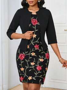 SHEIN Lady إطلالة سيدات قطعتين للارتداء اليومي؛ جاكيت خفيف أسود وفستان أكمام بلا أكمام مطرز بالدانتيل، مناسب لحفلات الأعياد والأحداث أو الملابس المكتبية أو الكنيسة أو الزفاف أو العطلات