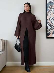 EURMUSE Plus Size Women's Solid Color High Neck Raglan Sleeve Split Hem Long Sweater - Brown - View 1