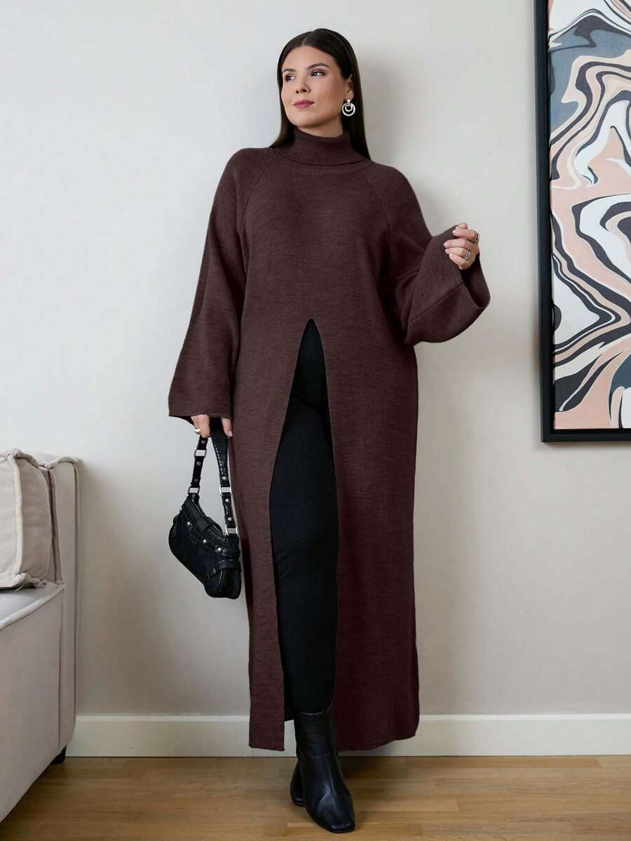 EURMUSE Plus Size Women's Solid Color High Neck Raglan Sleeve Split Hem Long Sweater - Brown - View 1