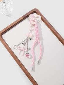 ROMWE Kawaii 1pc Adorable & Fashionable Pink Acrylic Heart, Musical Note, Strawberry, Gradient Braided Rope DIY Keychain, Suitable For Women/Girls As Daily Accessory Or Holiday Gift - Pink - View 2