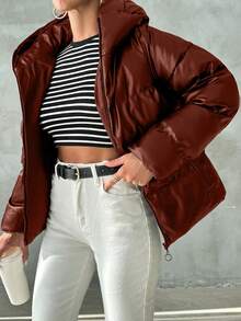 EURMUSE Women's Solid Color Long Sleeve Zipper Collar Casual Hoodie Jacket, Winter - Rust Brown - View 3